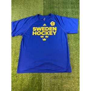 Adidas Sweden Hockey T-Shirt Mens Blue Yellow Graphic Tee Medium